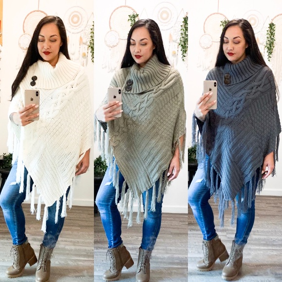 Ivory Cable Knit Poncho - Picture 3 of 3